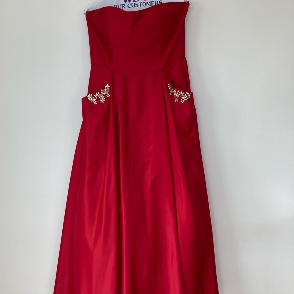 Strapless Red Satin Prom Gown, Jr 17
